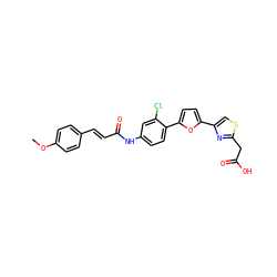 COc1ccc(/C=C/C(=O)Nc2ccc(-c3ccc(-c4csc(CC(=O)O)n4)o3)c(Cl)c2)cc1 ZINC000028524978