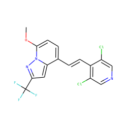 COc1ccc(/C=C/c2c(Cl)cncc2Cl)c2cc(C(F)(F)F)nn12 ZINC000096933408