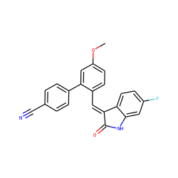 COc1ccc(/C=C2/C(=O)Nc3cc(F)ccc32)c(-c2ccc(C#N)cc2)c1 ZINC000169346123