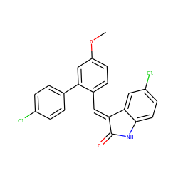 COc1ccc(/C=C2/C(=O)Nc3ccc(Cl)cc32)c(-c2ccc(Cl)cc2)c1 ZINC000169346126