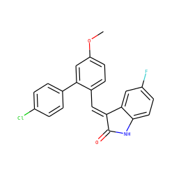 COc1ccc(/C=C2/C(=O)Nc3ccc(F)cc32)c(-c2ccc(Cl)cc2)c1 ZINC000169346129