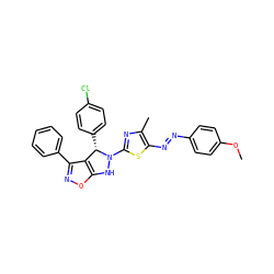 COc1ccc(/N=N/c2sc(N3Nc4onc(-c5ccccc5)c4[C@@H]3c3ccc(Cl)cc3)nc2C)cc1 ZINC000473122447