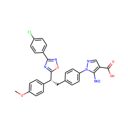 COc1ccc([C@@H](Cc2ccc(-n3ncc(C(=O)O)c3N)cc2)c2nc(-c3ccc(Cl)cc3)no2)cc1 ZINC001772630482