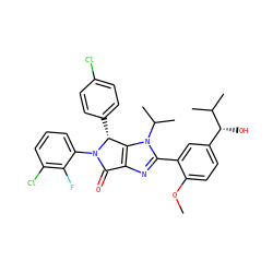 COc1ccc([C@@H](O)C(C)C)cc1-c1nc2c(n1C(C)C)[C@@H](c1ccc(Cl)cc1)N(c1cccc(Cl)c1F)C2=O ZINC000169705757