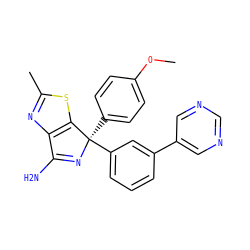 COc1ccc([C@]2(c3cccc(-c4cncnc4)c3)N=C(N)c3nc(C)sc32)cc1 ZINC000095921168