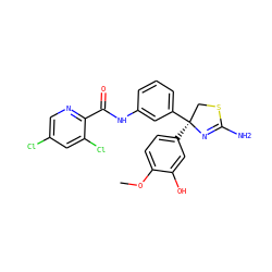 COc1ccc([C@]2(c3cccc(NC(=O)c4ncc(Cl)cc4Cl)c3)CSC(N)=N2)cc1O ZINC000147083388