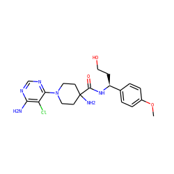 COc1ccc([C@H](CCO)NC(=O)C2(N)CCN(c3ncnc(N)c3Cl)CC2)cc1 ZINC000219319987