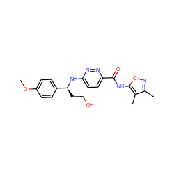 COc1ccc([C@H](CCO)Nc2ccc(C(=O)Nc3onc(C)c3C)nn2)cc1 ZINC000207422954