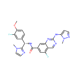 COc1ccc([C@H](NC(=O)c2cc(F)c3cnc(Nc4ccnn4C)nc3c2)c2nccn2C)cc1F ZINC000205057789