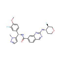 COc1ccc([C@H](NC(=O)c2ccc3cnc(N[C@H]4CCOC[C@@H]4F)nc3c2)c2ccnn2C)cc1F ZINC000205063430