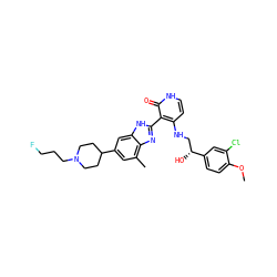 COc1ccc([C@H](O)CNc2cc[nH]c(=O)c2-c2nc3c(C)cc(C4CCN(CCCF)CC4)cc3[nH]2)cc1Cl ZINC000044406443