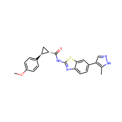 COc1ccc([C@H]2C[C@@H]2C(=O)Nc2nc3ccc(-c4cn[nH]c4C)cc3s2)cc1 ZINC000103290053