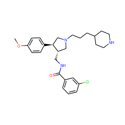 COc1ccc([C@H]2CN(CCCC3CCNCC3)C[C@@H]2CNC(=O)c2cccc(Cl)c2)cc1 ZINC000071317722