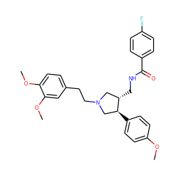 COc1ccc([C@H]2CN(CCc3ccc(OC)c(OC)c3)C[C@@H]2CNC(=O)c2ccc(F)cc2)cc1 ZINC000071296855