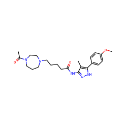 COc1ccc(-c2[nH]nc(NC(=O)CCCCN3CCCN(C(C)=O)CC3)c2C)cc1 ZINC000084741230