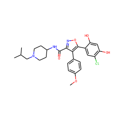 COc1ccc(-c2c(C(=O)NC3CCN(CC(C)C)CC3)noc2-c2cc(Cl)c(O)cc2O)cc1 ZINC000299826071