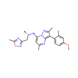 COc1ccc(-c2c(C)nn3c(N[C@@H](C)Cc4noc(C)n4)cc(C)nc23)c(C)c1 ZINC000034629870
