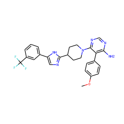 COc1ccc(-c2c(N)ncnc2N2CCC(c3ncc(-c4cccc(C(F)(F)F)c4)[nH]3)CC2)cc1 ZINC000219102647