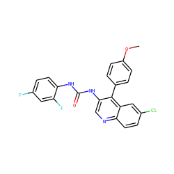COc1ccc(-c2c(NC(=O)Nc3ccc(F)cc3F)cnc3ccc(Cl)cc23)cc1 ZINC000013737640