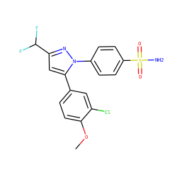 COc1ccc(-c2cc(C(F)F)nn2-c2ccc(S(N)(=O)=O)cc2)cc1Cl ZINC000013761821
