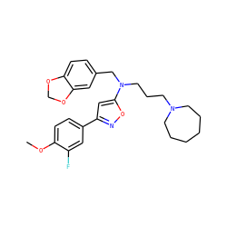 COc1ccc(-c2cc(N(CCCN3CCCCCC3)Cc3ccc4c(c3)OCO4)on2)cc1F ZINC000013437560