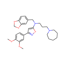 COc1ccc(-c2cc(N(CCCN3CCCCCC3)Cc3ccc4c(c3)OCO4)on2)cc1OC ZINC000013437556