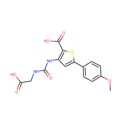 COc1ccc(-c2cc(NC(=O)NCC(=O)O)c(C(=O)O)s2)cc1 ZINC000103291420
