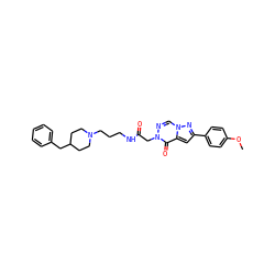 COc1ccc(-c2cc3c(=O)n(CC(=O)NCCCN4CCC(Cc5ccccc5)CC4)ncn3n2)cc1 ZINC000009727401