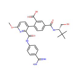 COc1ccc(-c2ccc(C(=O)N[C@H](CO)C(C)(C)C)cc2C(=O)O)c(C(=O)Nc2ccc(C(=N)N)cc2)n1 ZINC000014953429