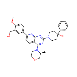 COc1ccc(-c2ccc3c(N4CCOC[C@@H]4C)nc(N4CCC(O)(c5ccccc5)CC4)nc3n2)cc1CO ZINC000138630847