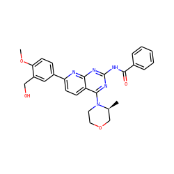 COc1ccc(-c2ccc3c(N4CCOC[C@@H]4C)nc(NC(=O)c4ccccc4)nc3n2)cc1CO ZINC000169053676
