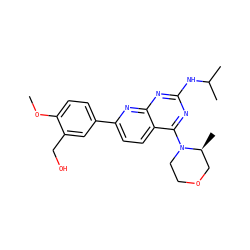 COc1ccc(-c2ccc3c(N4CCOC[C@@H]4C)nc(NC(C)C)nc3n2)cc1CO ZINC000138806970