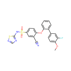 COc1ccc(-c2ccccc2Oc2ccc(S(=O)(=O)Nc3ncns3)cc2C#N)cc1F ZINC000095582565