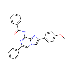COc1ccc(-c2cn3cc(-c4ccccc4)nc(NC(=O)c4ccccc4)c3n2)cc1 ZINC001772575603