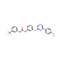 COc1ccc(-c2cncc(Oc3cccc(NC(=O)Nc4cccc(C(F)(F)F)c4)c3)n2)cc1 ZINC000473084286