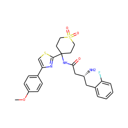 COc1ccc(-c2csc(C3(NC(=O)C[C@H](N)Cc4ccccc4F)CCS(=O)(=O)CC3)n2)cc1 ZINC000095562268