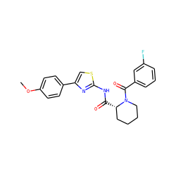 COc1ccc(-c2csc(NC(=O)[C@H]3CCCCN3C(=O)c3cccc(F)c3)n2)cc1 ZINC000084689736