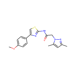 COc1ccc(-c2csc(NC(=O)Cn3nc(C)cc3C)n2)cc1 ZINC000009041705
