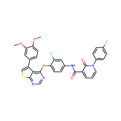 COc1ccc(-c2csc3ncnc(Oc4ccc(NC(=O)c5cccn(-c6ccc(F)cc6)c5=O)cc4F)c23)cc1OC ZINC000072113762