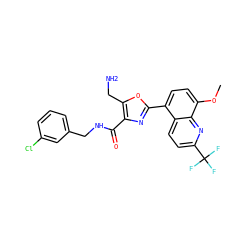 COc1ccc(-c2nc(C(=O)NCc3cccc(Cl)c3)c(CN)o2)c2ccc(C(F)(F)F)nc12 ZINC000084605193