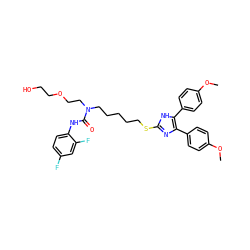 COc1ccc(-c2nc(SCCCCCN(CCOCCO)C(=O)Nc3ccc(F)cc3F)[nH]c2-c2ccc(OC)cc2)cc1 ZINC000026019122