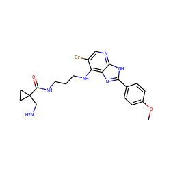 COc1ccc(-c2nc3c(NCCCNC(=O)C4(CN)CC4)c(Br)cnc3[nH]2)cc1 ZINC000084603150