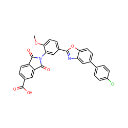 COc1ccc(-c2nc3cc(-c4ccc(Cl)cc4)ccc3o2)cc1N1C(=O)c2ccc(C(=O)O)cc2C1=O ZINC000026985938