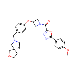 COc1ccc(-c2nnc(C(=O)N3CC(Oc4ccc(CN5CC[C@@]6(CCOC6)C5)cc4)C3)o2)cc1 ZINC000169701419