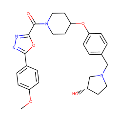 COc1ccc(-c2nnc(C(=O)N3CCC(Oc4ccc(CN5CC[C@H](O)C5)cc4)CC3)o2)cc1 ZINC000653724615