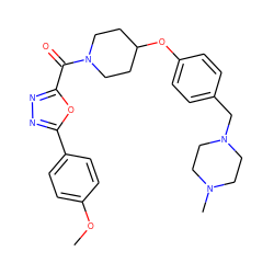 COc1ccc(-c2nnc(C(=O)N3CCC(Oc4ccc(CN5CCN(C)CC5)cc4)CC3)o2)cc1 ZINC000653740616