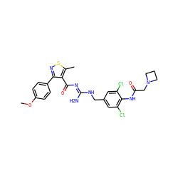 COc1ccc(-c2nsc(C)c2C(=O)/N=C(\N)NCc2cc(Cl)c(NC(=O)CN3CCC3)c(Cl)c2)cc1 ZINC000095577472