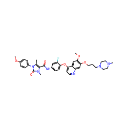 COc1ccc(-n2c(C)c(C(=O)Nc3ccc(Oc4ccnc5cc(OCCCN6CCN(C)CC6)c(OC)cc45)c(F)c3)n(C)c2=O)cc1 ZINC000474607140