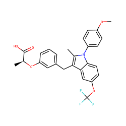 COc1ccc(-n2c(C)c(Cc3cccc(O[C@@H](C)C(=O)O)c3)c3cc(OC(F)(F)F)ccc32)cc1 ZINC000028474140