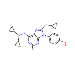 COc1ccc(-n2c(CC3CC3)nc3c(NC(C4CC4)C4CC4)nc(C)nc32)cc1 ZINC000072123613